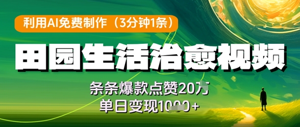 利用AI免费制作田园生活治愈视频,条条爆款点赞20W,单日变现几张-项目吧