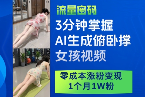 3分钟掌握AI生成俯卧撑女孩视频,零成本涨粉变现,1个月1W粉-项目吧