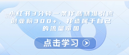 小红书3分钟一条作品精准引流创业粉300+,打造属于自己的流量帝国-项目吧