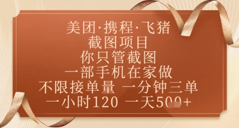 飞猪美团截图项目,你只管截图,一部手机在家做,正规平台无套路,一天5张+【揭秘】-项目吧
