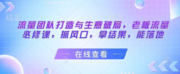 流量团队打造与生意破局,老板流量必修课,抓风口,拿结果,能落地-项目吧