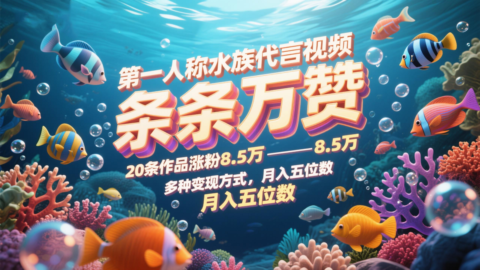 第一人称水族代言视频,条条万赞,20条作品涨粉8.5万,多种变现方式月,入五位数-项目吧