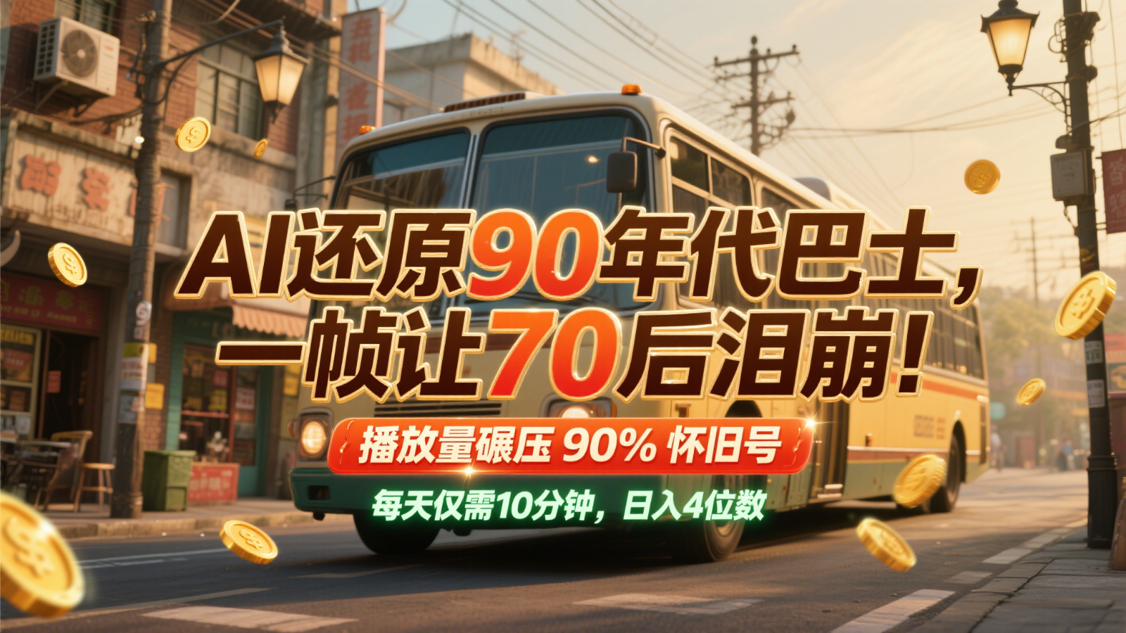 AI还原90年代巴士,一帧让70后泪崩!播放量碾压90%怀旧号,每天10分钟,日入4位数-项目吧