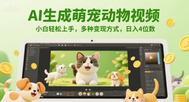 AI生成萌宠动物视频,小白轻松上手,多种变现方式,日入4位数-项目吧
