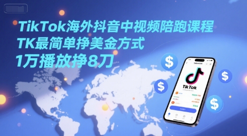 TikTok海外抖音中视频陪跑课程,TK最简单挣美金方式,1万播放挣8刀-项目吧