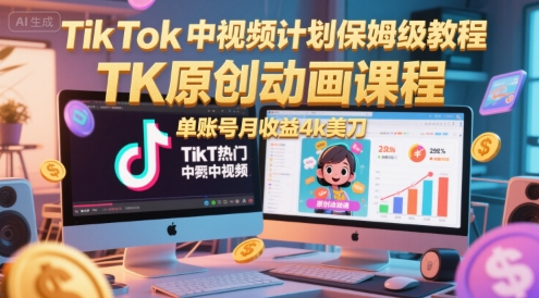 TikTok中视频计划保姆级教程,TK原创动画课程,单账号月收益4k美刀-项目吧