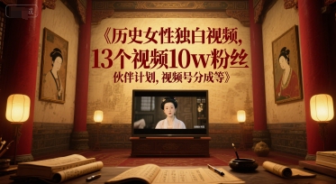 历史女性独白视频,13个视频10w粉丝,伙伴计划,视频号分成等-项目吧