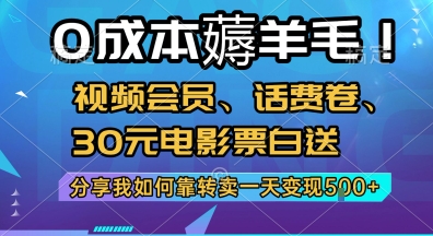 0成本薅羊毛!视频会员、话费卷、30元电影票白送，分享我如何靠转卖一天变现5张+【揭秘】-项目吧