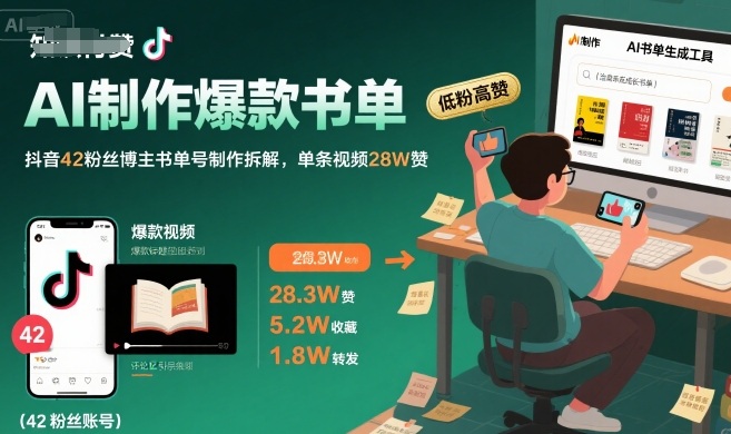 AI制作爆款书单,抖音42粉丝博主书单号制作拆解,单条视频28W赞-项目吧
