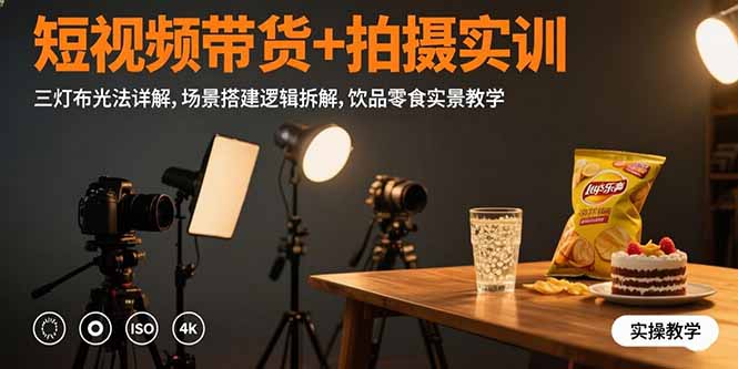短视频带货+拍摄实训:三灯布光法详解,场景搭建逻辑拆解,饮品零食实景教学-项目吧