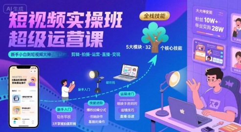 短视频实操班超级运营课,新手小白到短视频大神必修课程,剪辑-拍摄-运营-直播-变现-项目吧