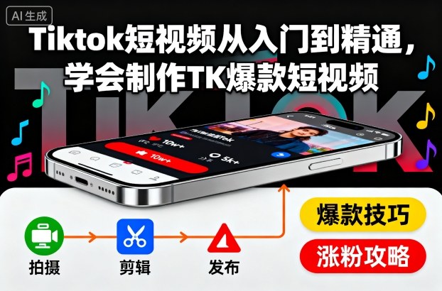 Tiktok短视频从入门到精通,学会制作TK爆款短视频-项目吧