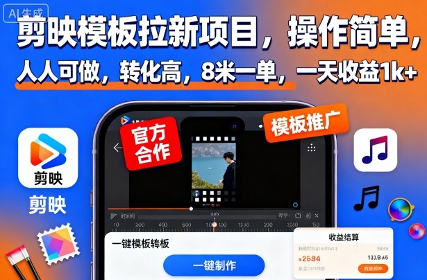 剪映模板拉新项目,操作简单,人人可做,转化高,8米一单,一天收益1k+-项目吧