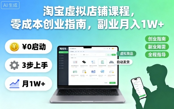 淘宝虚拟店铺课程,零成本创业指南,副业月入1W+-项目吧