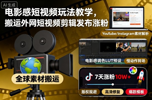 电影感短视频玩法教学，搬运外网短视频剪辑发布涨粉-项目吧