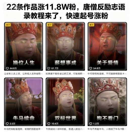 22条作品涨11.8W粉,唐僧反励志语录教程来了,快速起号涨粉-项目吧