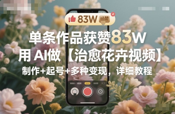 单条作品获赞83W，用AI做【治愈花卉视频】，制作+起号+多种变现，详细教程-项目吧