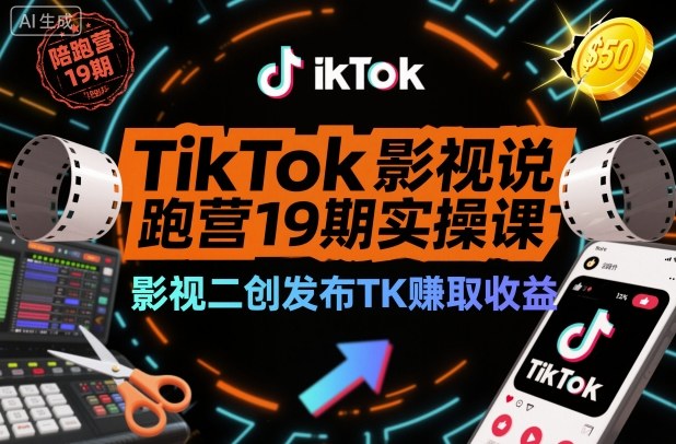 TikTok影视解说陪跑营19期实操课,影视二创发布TK賺取收益,万播收益50美金-项目吧