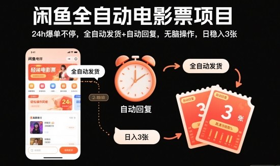 闲鱼全自动电影票项目，24h爆单不停，全自动发货+自动回复，无脑操作，日稳入3张【揭秘】-项目吧