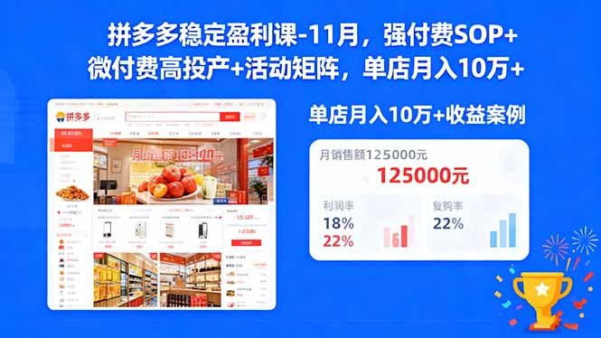 拼多多稳定盈利课-11月，强付费SOP+微付费高投产+活动矩阵，单店月入10w+-项目吧