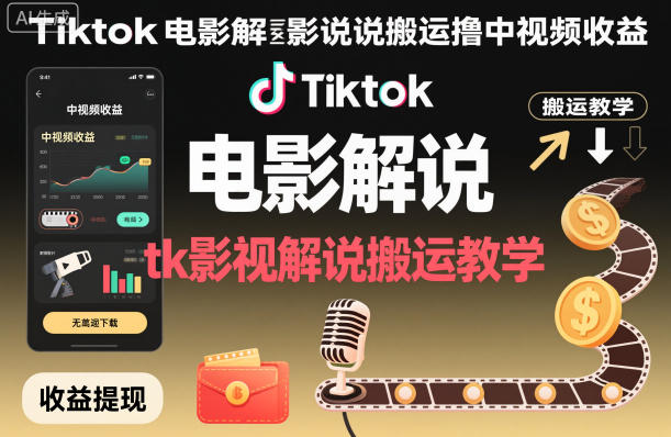 Tiktok电影解说搬运撸中视频收益，tk影视解说搬运教学-项目吧