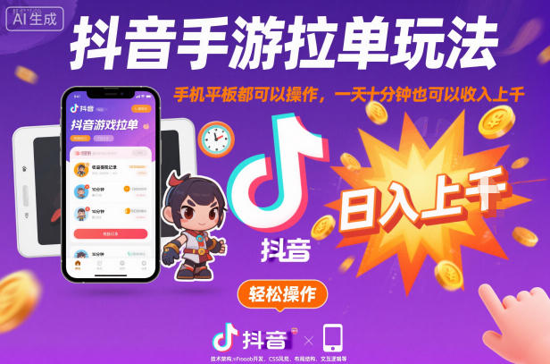 抖音手游拉单玩法，手机平板都可以操作，一天十分钟也可以收入上K【揭秘】-项目吧